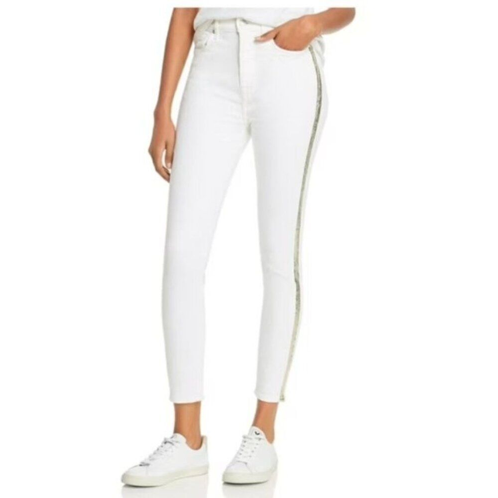 7 For All Man Kind High-Rise White Skinny Jeans 30‎ Silver Side Racing Stripes
